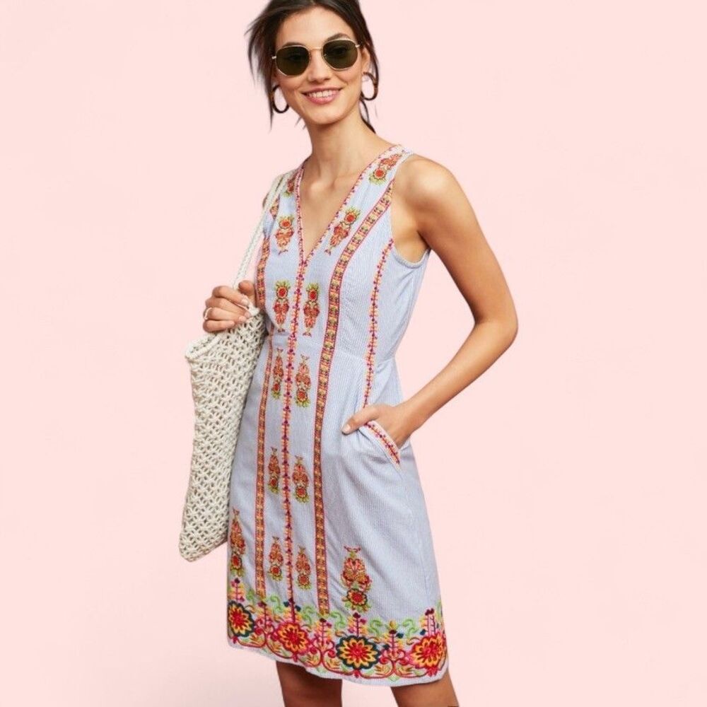 Anthropologie Light Blue Floral Embroidered Sleeveless Dress